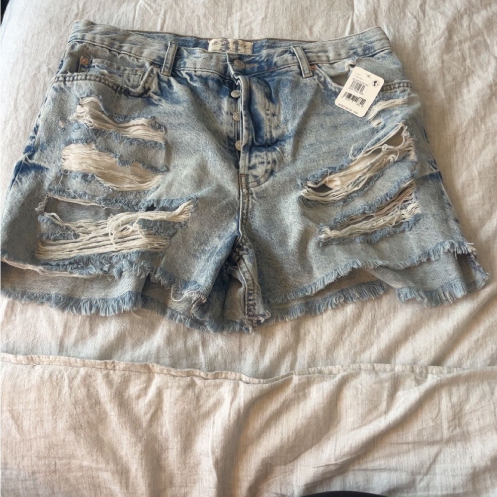 free people  Light Blue Distressed Jean Shorts